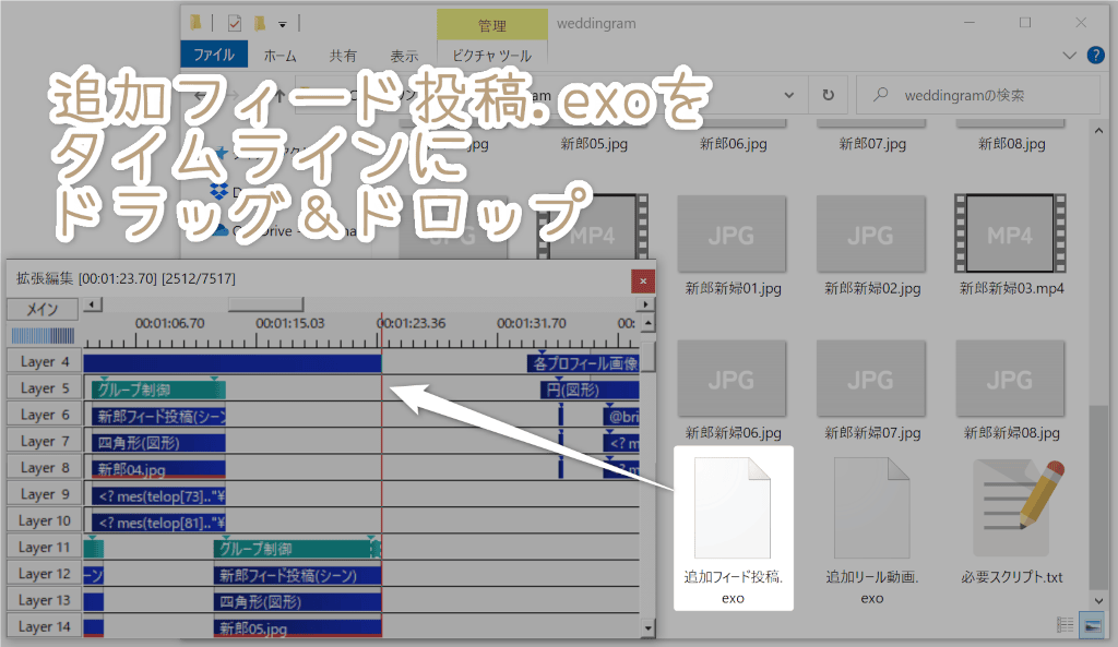 追加フィード投稿.exoをタイムラインにドラッグ＆ドロップ