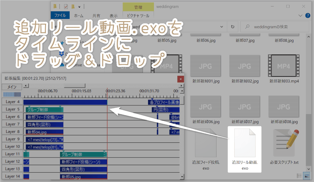 追加リール動画.exoをタイムラインにドラッグ＆ドロップ