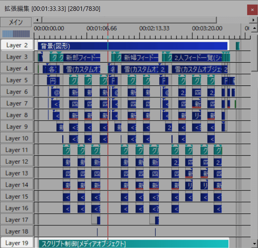 全体を通してレイヤー2に図形オブジェクト、レイヤー19にスクリプト制御が配置されている