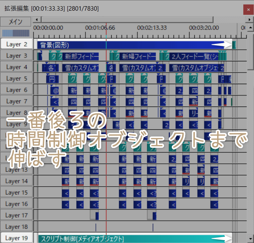 一番後ろの時間制御オブジェクトまでレイヤー2と19のオブジェクトを伸ばす