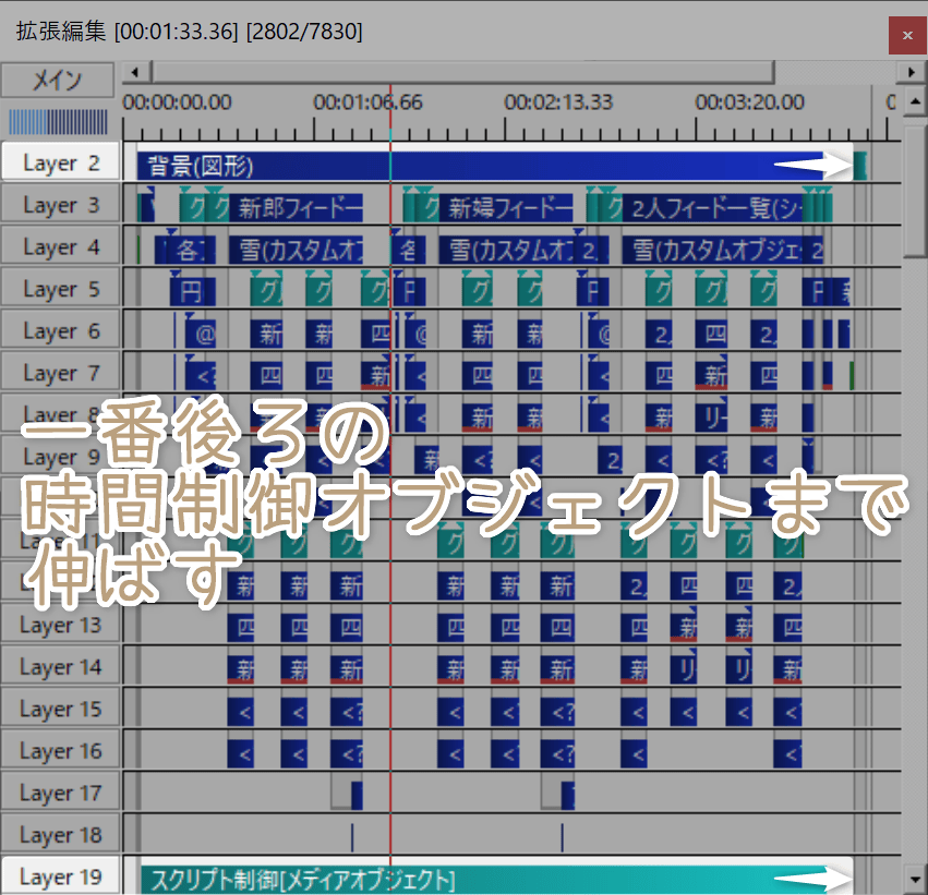 一番後ろの時間制御オブジェクトまでレイヤー2と19のオブジェクトを伸ばす