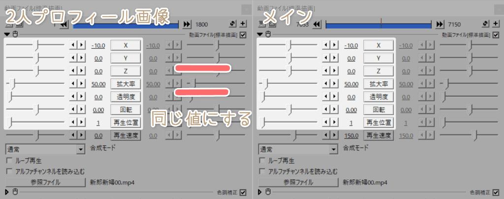 2人プロフィール画像とメインにある2つのオブジェクトの値を同一にする